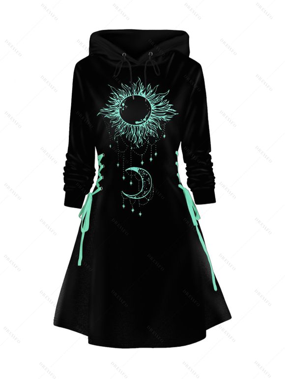 Contrast Sun Moon Print Lace Up Mini Hooded Dress And Lace Up Over The Knee Boots Flower Gemstone Drop Earrings Bracelet Chain Necklace Outfit - Noir S | US 4