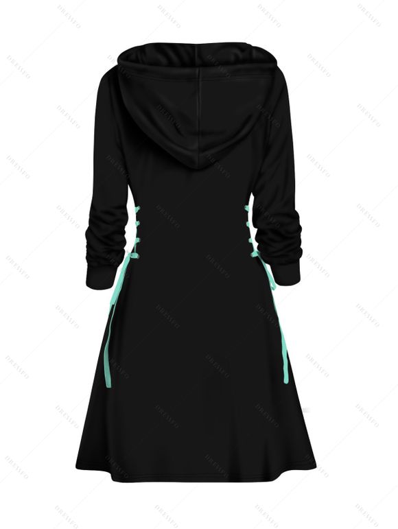 Contrast Sun Moon Print Lace Up Mini Hooded Dress And Lace Up Over The Knee Boots Flower Gemstone Drop Earrings Bracelet Chain Necklace Outfit - Noir S | US 4