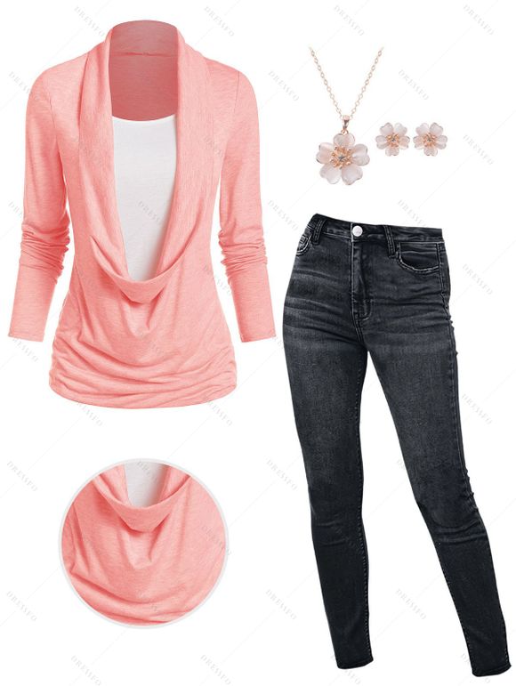 Heathered Draped Ruched 2 In 1 Long Sleeve T-Contrast Color shirt And Dark Wash Zip Fly Pencil Jeans Flower Chain Necklace Earrings Outfit - Rose clair S | US 4