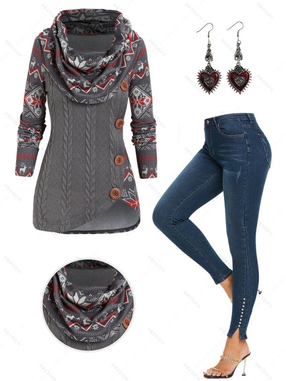 Cable Knit Elk Snowflake Geometric Pattern Foldover Mock Button Asymmetrical Hem Sweater And Studded Slit Skinny Jeans Heart Rose Rivet Drop Earrings Outfit - Gris Foncé S | US 4