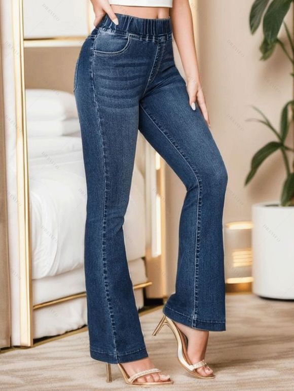 Jean Evasé Long à Taille Elastique avec Multi-Poches - Bleu profond M | US 6