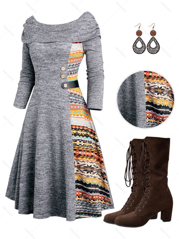 Ethnic Pattern Panel Cinched Boat Neck Knit Dress And Chunky Heel Lace Up Mid Calf Boots Teardrop Drop Earrings Outfit - Gris Foncé S | US 4