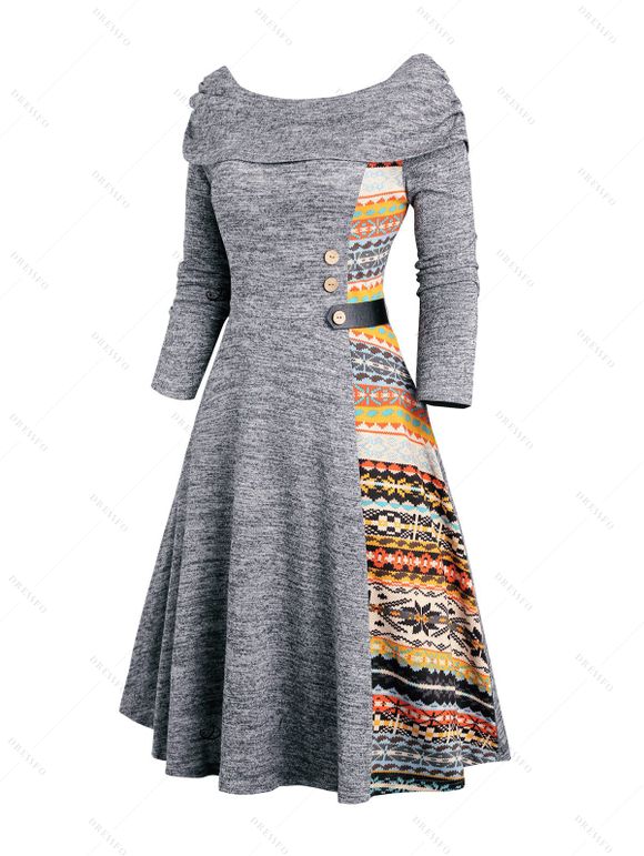 Ethnic Pattern Panel Cinched Boat Neck Knit Dress And Chunky Heel Lace Up Mid Calf Boots Teardrop Drop Earrings Outfit - Gris Foncé S | US 4