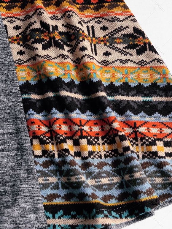 Ethnic Pattern Panel Cinched Boat Neck Knit Dress And Chunky Heel Lace Up Mid Calf Boots Teardrop Drop Earrings Outfit - Gris Foncé S | US 4