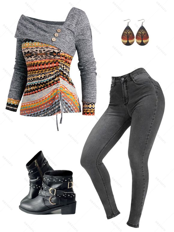 Ethnic Pattern Cinched Asymmetric Neck Mock Button Knit Top And Long Zip Fly Skinny Pencil Jeans Rivet Chunky Heel Punk Boots Drop Earrings Outfit - Gris Foncé S | US 4