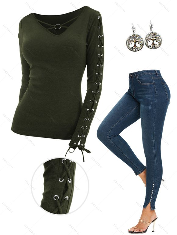 O Ring V Neck Lace Up Sleeve Top And Studded Slit Hem Long Skinny Jeans Life Tree Pattern Hoop Drop Earrings Outfit - Vert profond S | US 4