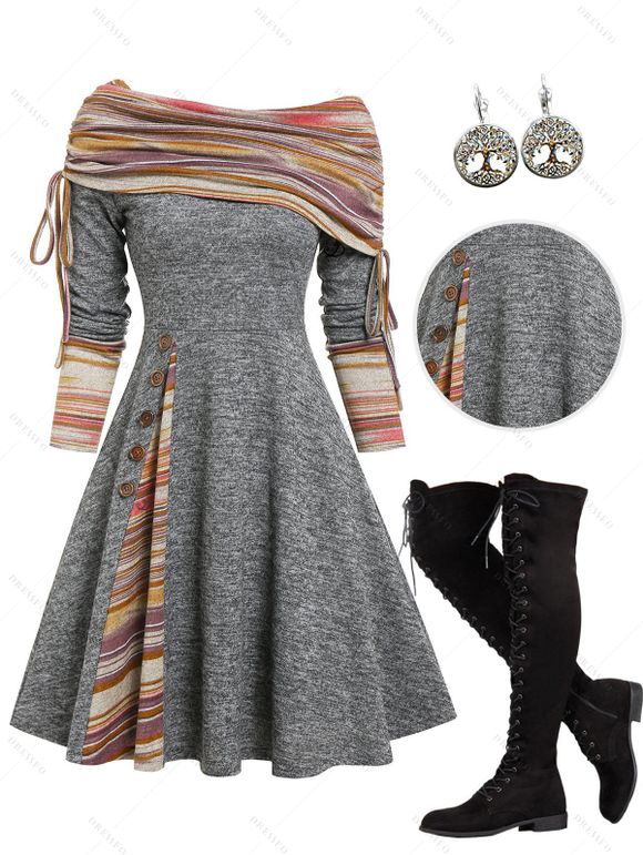 Convertible Neck Cinched Striped Flare A Line Dress And Lace Up Over The Knee Boots Life Tree Pattern Hoop Drop Earrings Outfit - Gris Foncé S | US 4