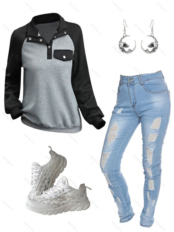 Colorblock A Quarter Snap Button Raglan Sleeve Top And Zip Fly Light Wash Skinny Long Jeans Running Athletic Sneakers Moon Shape Hook Drop Earrings Outfit - Gris Foncé S | US 4