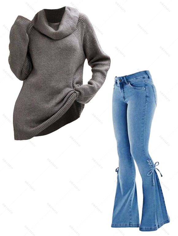 Solid Color Turtle Cowl Knit Sweater and Lace Up Flare Jeans Outfit - Gris S | US 4