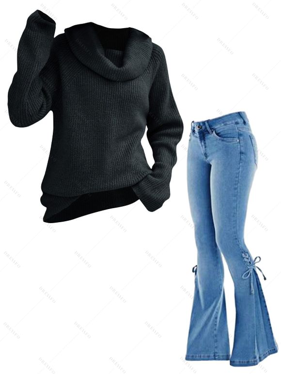 Solid Color Turtle Cowl Knit Sweater and Lace Up Flare Jeans Outfit - Noir S | US 4