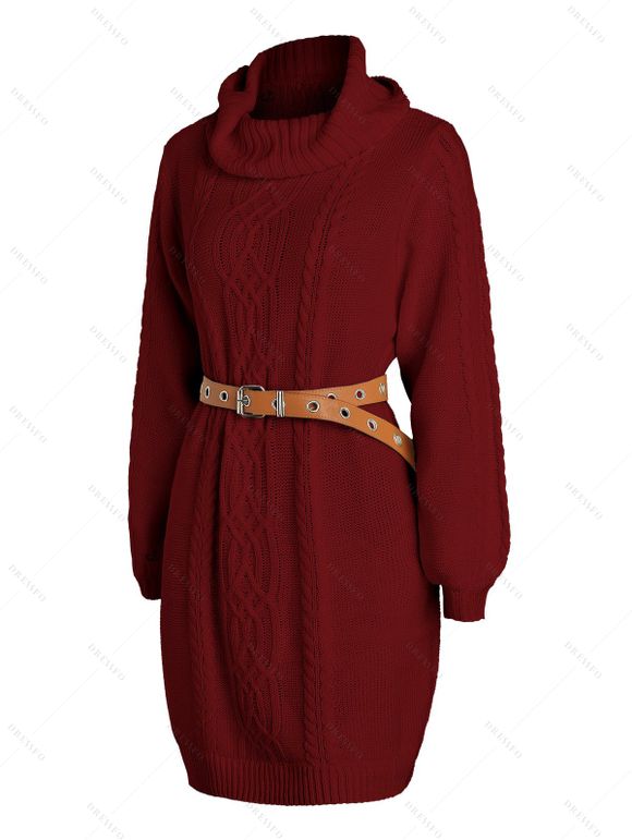 Robe Pull en Couleur Unie à Câble Manches Longues à Col Roulé - Rouge foncé S | US 4