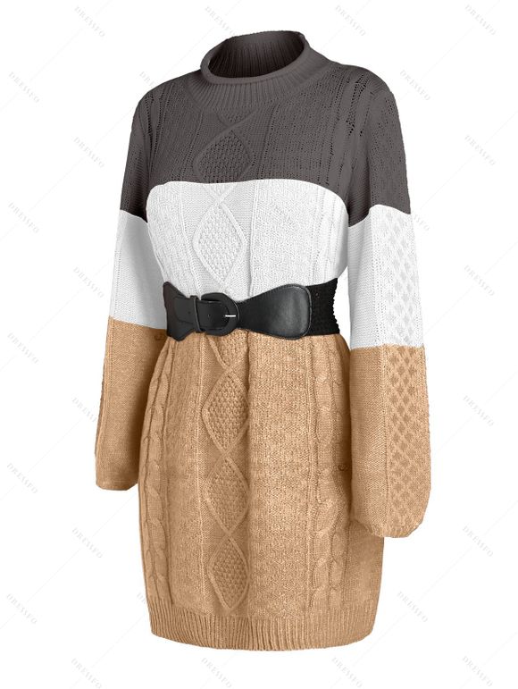 Mini Robe en Tricot à Câble en Blocs de Couleurs à Manches Longues - café lumière XL | US 10