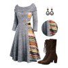 Ethnic Pattern Panel Cinched Boat Neck Knit Dress And Chunky Heel Lace Up Mid Calf Boots Teardrop Drop Earrings Outfit - Gris Foncé S | US 4