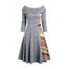 Ethnic Pattern Panel Cinched Boat Neck Knit Dress And Chunky Heel Lace Up Mid Calf Boots Teardrop Drop Earrings Outfit - Gris Foncé S | US 4