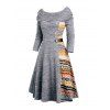 Ethnic Pattern Panel Cinched Boat Neck Knit Dress And Chunky Heel Lace Up Mid Calf Boots Teardrop Drop Earrings Outfit - Gris Foncé S | US 4