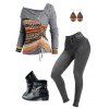 Ethnic Pattern Cinched Asymmetric Neck Mock Button Knit Top And Long Zip Fly Skinny Pencil Jeans Rivet Chunky Heel Punk Boots Drop Earrings Outfit - Gris Foncé S | US 4