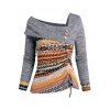 Ethnic Pattern Cinched Asymmetric Neck Mock Button Knit Top And Long Zip Fly Skinny Pencil Jeans Rivet Chunky Heel Punk Boots Drop Earrings Outfit - Gris Foncé S | US 4