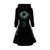 Contrast Sun Moon Print Lace Up Mini Hooded Dress And Lace Up Over The Knee Boots Flower Gemstone Drop Earrings Bracelet Chain Necklace Outfit - Noir S | US 4