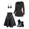 Contrast Color Lace Up Scalloped Hem Long Sleeve T Shirt And Zipper Fly Layered A Line Mini Skirt Chunky Heel Punk Boots Heart Rose Rivet Drop Earrings Outfit - Noir S | US 4