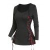 Contrast Color Lace Up Scalloped Hem Long Sleeve T Shirt And Zipper Fly Layered A Line Mini Skirt Chunky Heel Punk Boots Heart Rose Rivet Drop Earrings Outfit - Noir S | US 4