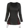 Contrast Color Lace Up Scalloped Hem Long Sleeve T Shirt And Zipper Fly Layered A Line Mini Skirt Chunky Heel Punk Boots Heart Rose Rivet Drop Earrings Outfit - Noir S | US 4