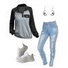 Colorblock A Quarter Snap Button Raglan Sleeve Top And Zip Fly Light Wash Skinny Long Jeans Running Athletic Sneakers Moon Shape Hook Drop Earrings Outfit - Gris Foncé S | US 4