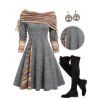 Convertible Neck Cinched Striped Flare A Line Dress And Lace Up Over The Knee Boots Life Tree Pattern Hoop Drop Earrings Outfit - Gris Foncé S | US 4