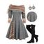 Convertible Neck Cinched Striped Flare A Line Dress And Lace Up Over The Knee Boots Life Tree Pattern Hoop Drop Earrings Outfit - Gris Foncé S | US 4