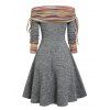 Convertible Neck Cinched Striped Flare A Line Dress And Lace Up Over The Knee Boots Life Tree Pattern Hoop Drop Earrings Outfit - Gris Foncé S | US 4