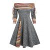 Convertible Neck Cinched Striped Flare A Line Dress And Lace Up Over The Knee Boots Life Tree Pattern Hoop Drop Earrings Outfit - Gris Foncé S | US 4