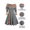 Convertible Neck Cinched Striped Flare A Line Dress And Lace Up Over The Knee Boots Life Tree Pattern Hoop Drop Earrings Outfit - Gris Foncé S | US 4