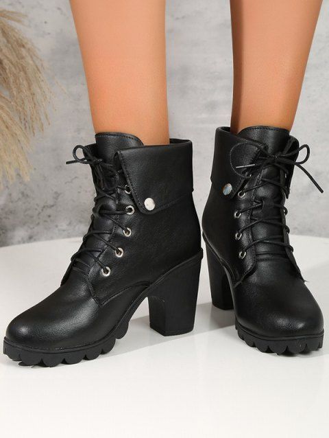 Fold-Over Ankle Boots High Heel Round Toe Chunky Heel Lace-Up Martin Boots