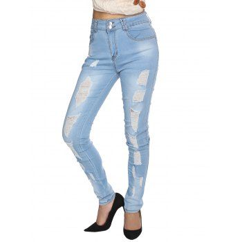 Casual Jeans Zipper Fly Light Wash Solid Color Pockets Ripped Long Skinny Denim Pants