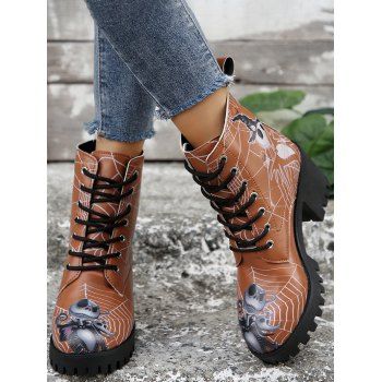 Halloween Skull Cartoon Graffiti Lace-Up Ankle Boots High Heel Martin Boots 
