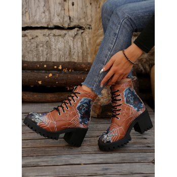 Gothic Skull Print Lace-Up Chunky Heel Ankle Martin Boots