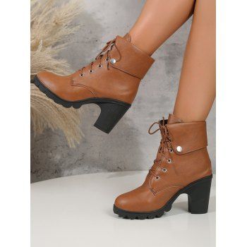 Fold-Over Ankle Boots High Heel Round Toe Chunky Heel Lace-Up Martin Boots