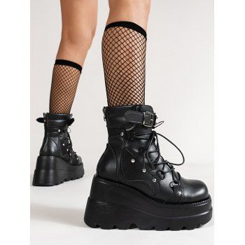 Studded Buckle Strap Platform Gothic Wedge Lace Up Mid-Calf Boots