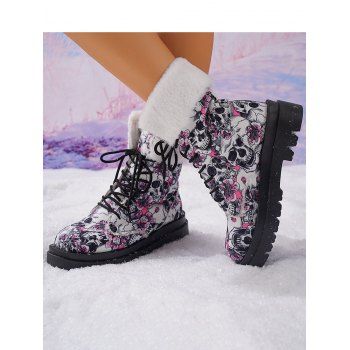 Halloween Skull Floral Graffiti Furry Lace Up Ankle Boots