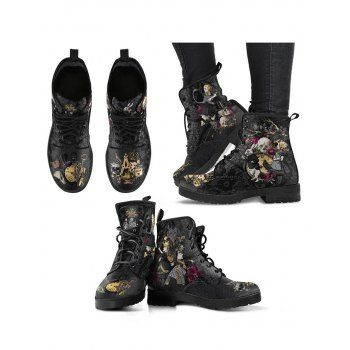 Clock, Skull, Floral, and King Print Lace-Up High-Top Martin Boots