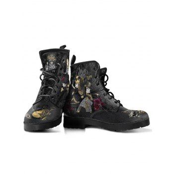 Clock, Skull, Floral, and King Print Lace-Up High-Top Martin Boots 