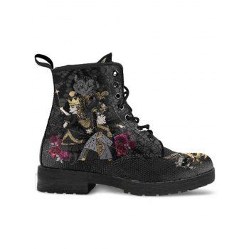 Clock, Skull, Floral, and King Print Lace-Up High-Top Martin Boots 