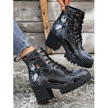 Halloween Skull Cartoon Graffiti Lace-Up Ankle Boots High Heel Martin Boots 