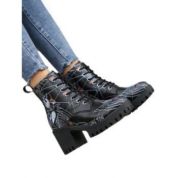 Halloween Skull Cartoon Graffiti Lace-Up Ankle Boots High Heel Martin Boots 