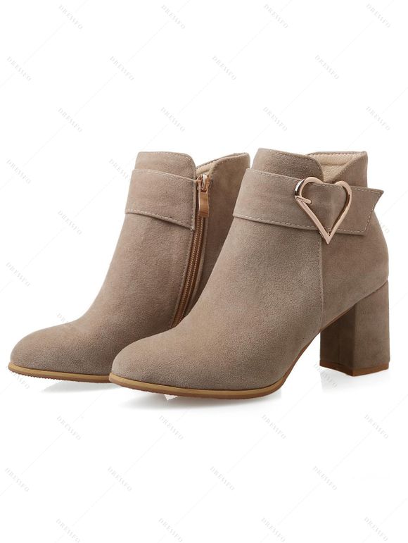 Solid Color Suede Ankle Boots Heart-Shaped Buckle Chunky Heel Faux Fur Lined Boots - café lumière EU 36