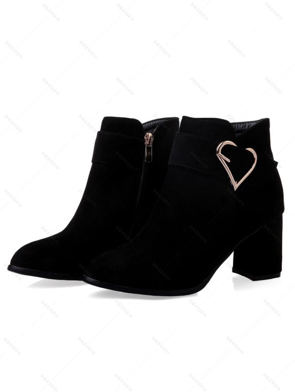 Solid Color Suede Ankle Boots Heart-Shaped Buckle Chunky Heel Faux Fur Lined Boots - Noir EU 42