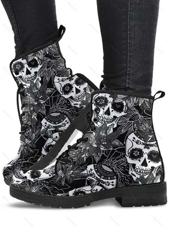 Skull Print Black and White High-Top Lace-Up Martin Boots - Noir EU 36