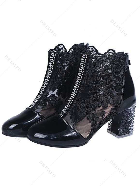 Lace Floral Mesh Sandal Boots Crystal High Heel Hollow Out Ankle Boots - Noir EU 36