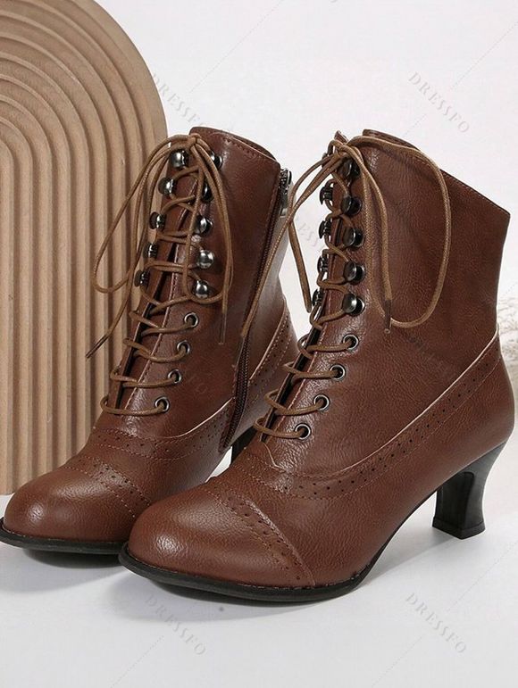 Solid Color Martin Boots Chunky Heel Mid-Calf Biker Ankle Boots - café EU 36