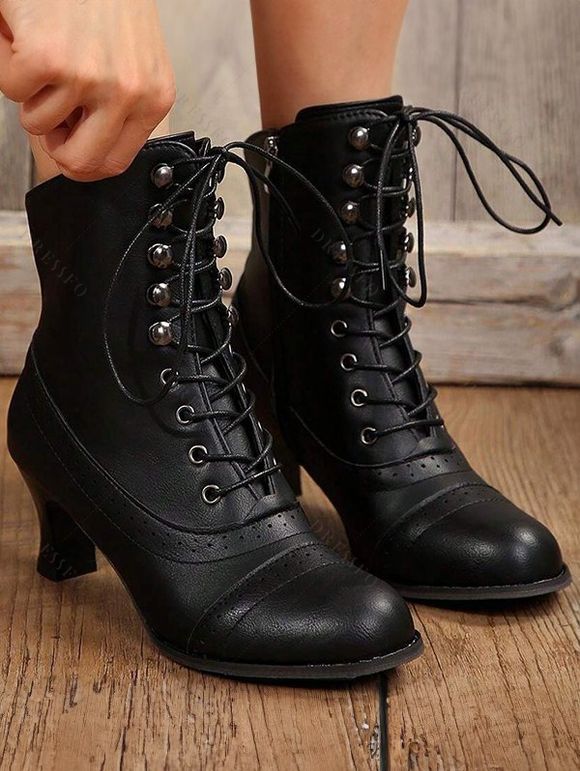 Solid Color Martin Boots Chunky Heel Mid-Calf Biker Ankle Boots - Noir EU 42