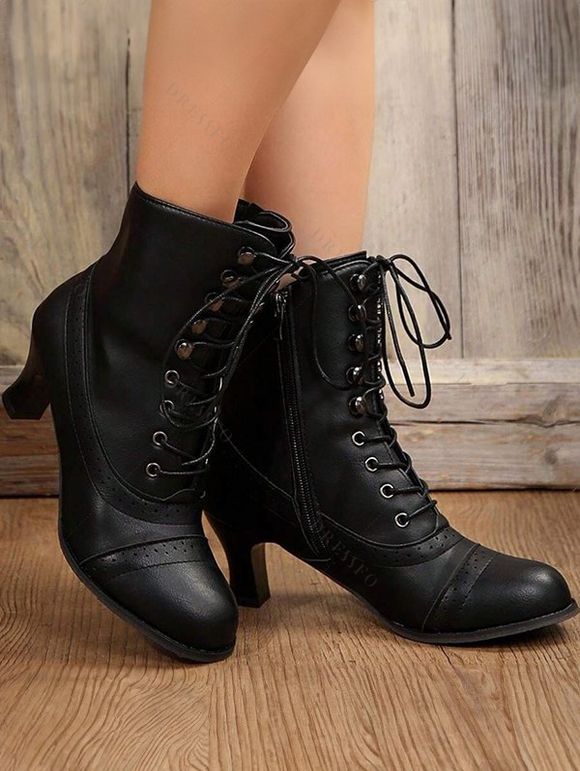 Solid Color Martin Boots Chunky Heel Mid-Calf Biker Ankle Boots - Noir EU 42